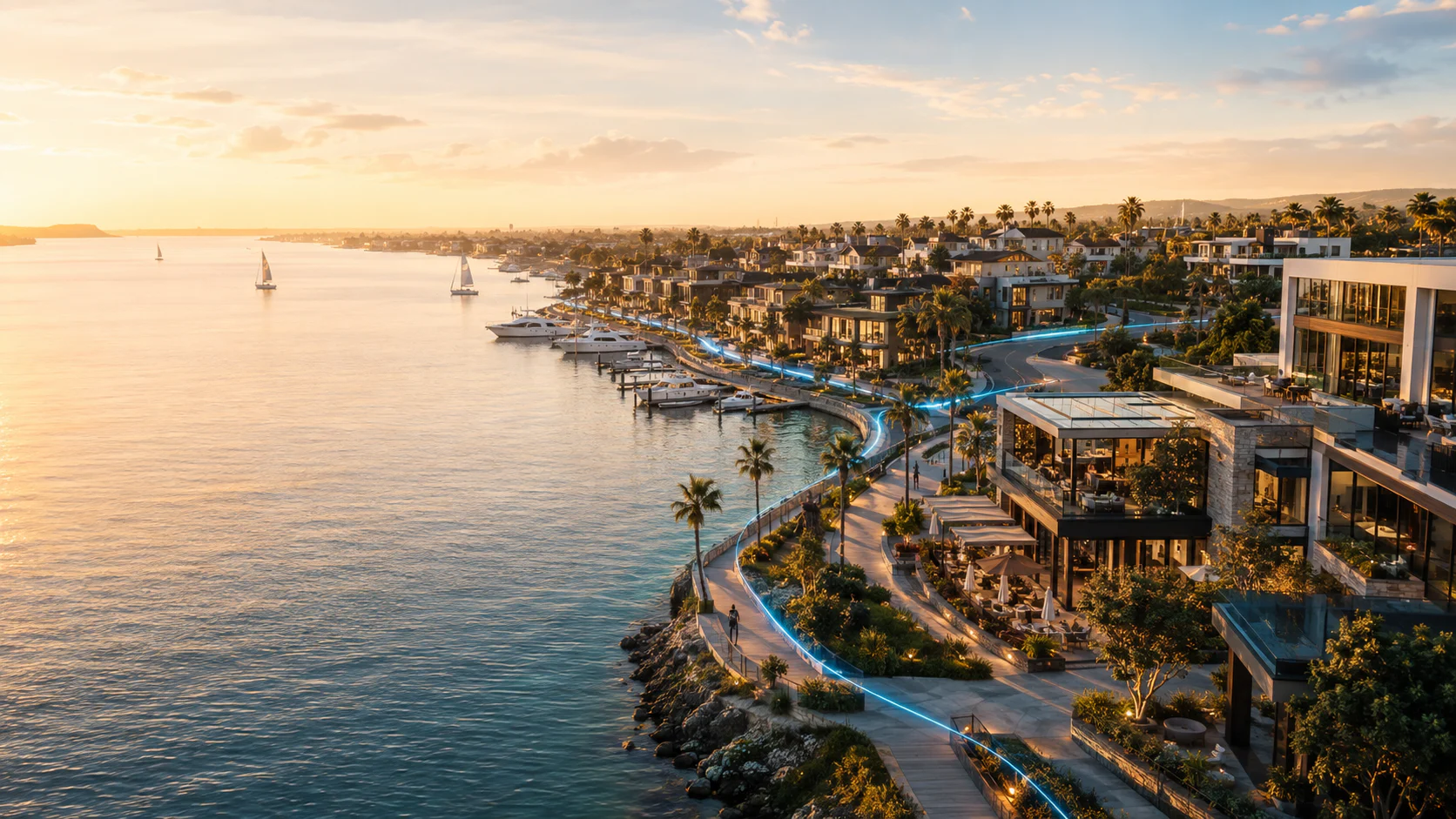 California waterfront homes and businesses connected at golden hour